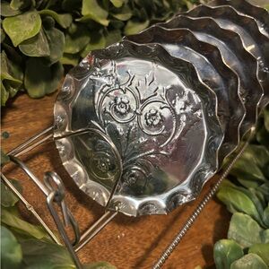 Vintage Silver-Plated Aluminum Coasters Set of 5 with Holder | Engraved Floral